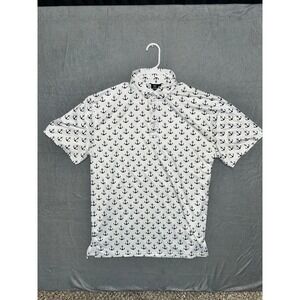 Golf Gentry Mens Anchor Print Performance Polo Shirt White Navy Blue Large